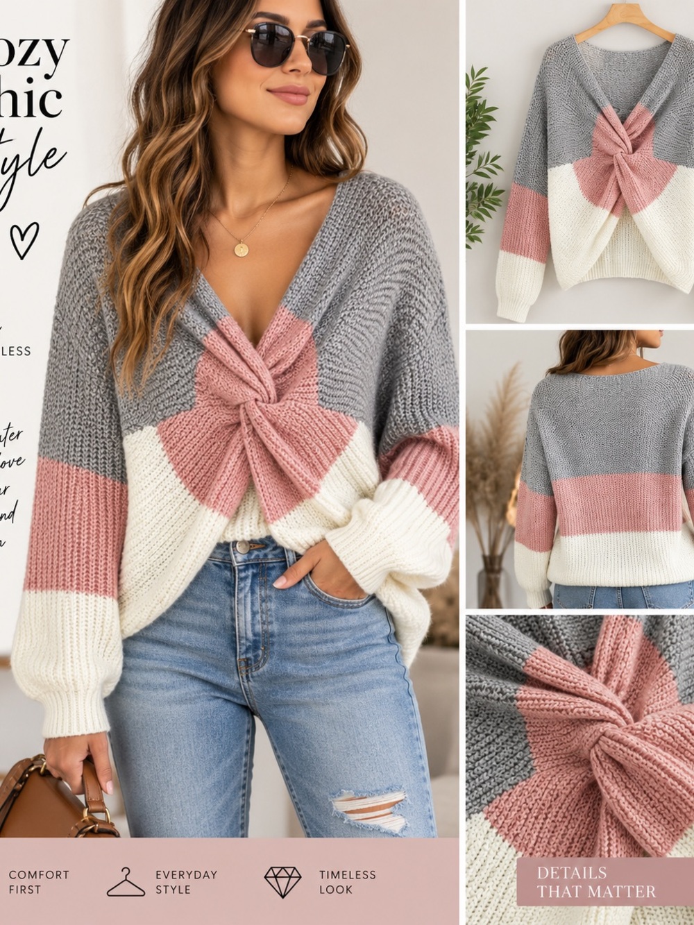 Knot Front Colorblock Sweater - Gray Pink Cream